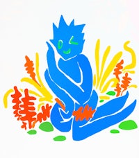 a blue drawing of a person sitting in the grass