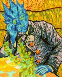 a painting of a blue man sitting at a table