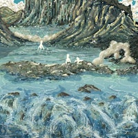 a painting of a waterfall with a mountain in the background